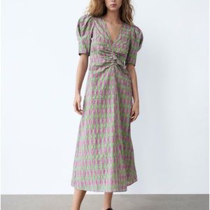 Zara puff sleeve, ruched front, long midi dress. Size M.